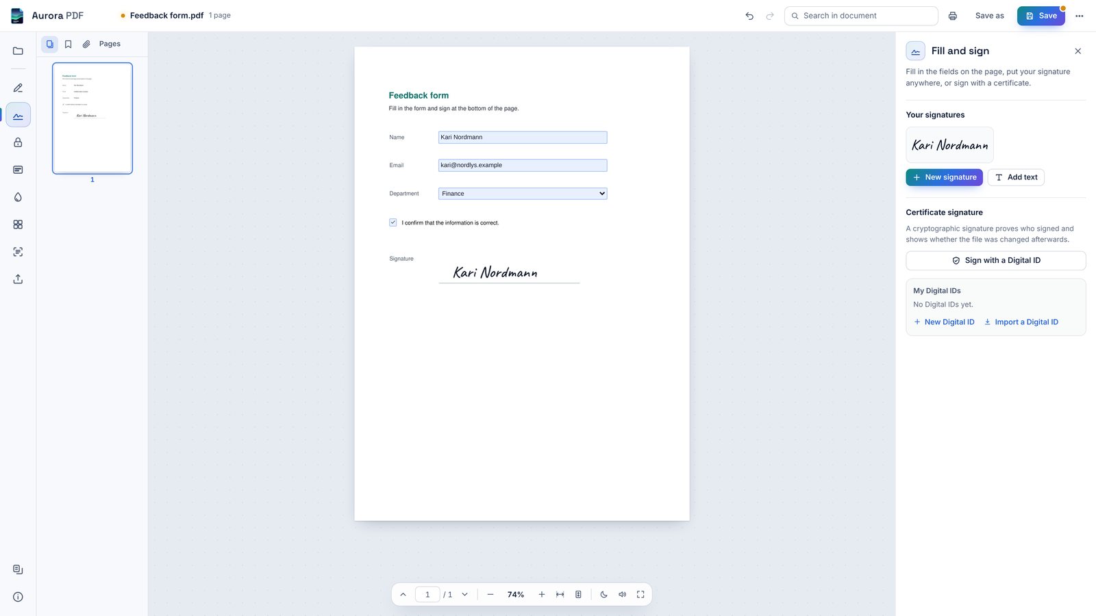 A feedback form filled in and signed by hand, in the light theme